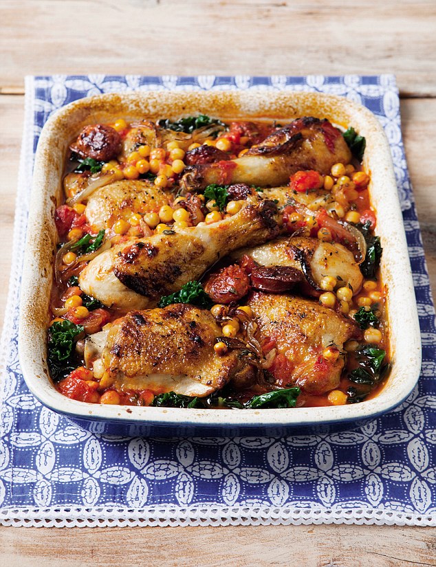Chicken with chorizo, chickpeas and kale